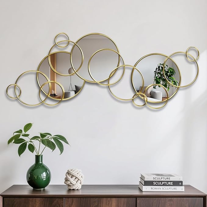Wall Mirror Decorative, Large Decorative Mirrors for Wall Decor, Round Gold Mirror Wall Art, Wall Mirrors for Living Room, Entryway, Bedroom, Dining Room Kitchen 45''x25.5''