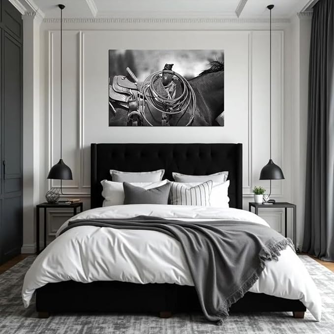 American West Rodeo Cowboy Wall Art Painting Saddle and Rope Picture on Canvas Artwork for Bedroom Living Room Office Home Decortion Prints Framed(28L" x 44W")