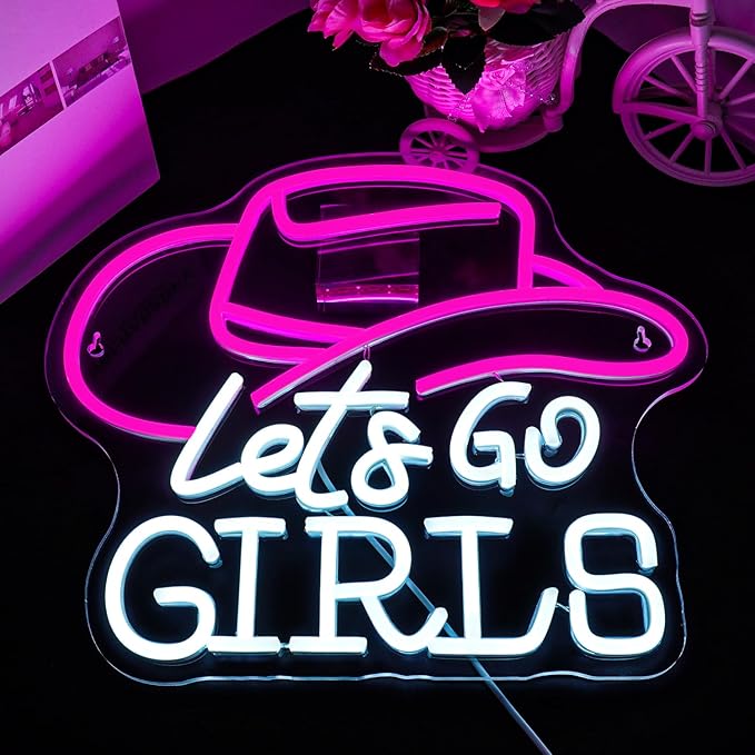 Lucunstar Let's Go Girls Neon Sign Wall Art Neon Lights with USB Cowgirl Hat LED Sign Neon Signs for Wall Decor Neon Rope Light for Party Bedroom Girl's Room LED Lights Birthday Neon Light Sign