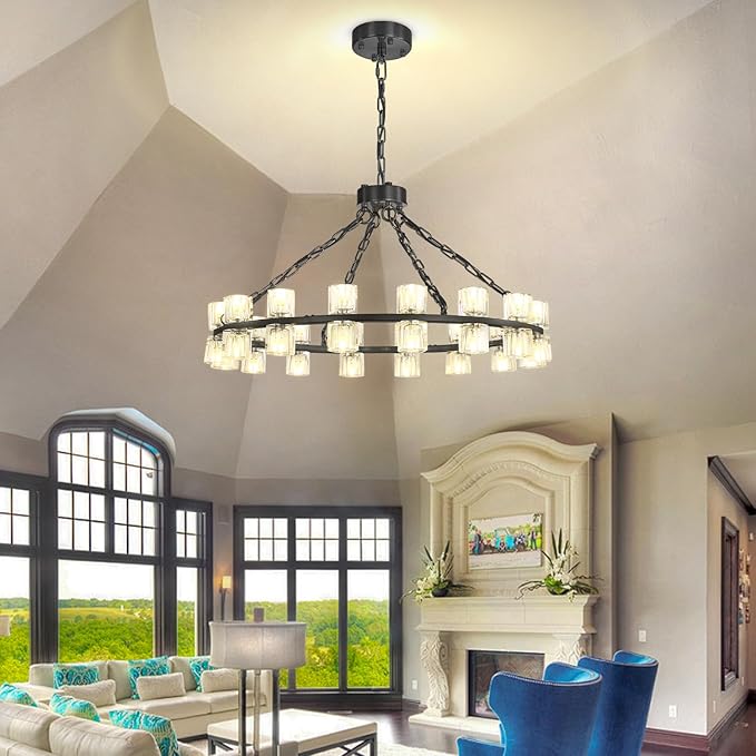 Black Wagon Wheel Chandeliers Modern 32-Lights Black Round Chandelier Crystal Chandeliers for Dining Room,Living Room Vintage Chandelier for Foyer Hallway