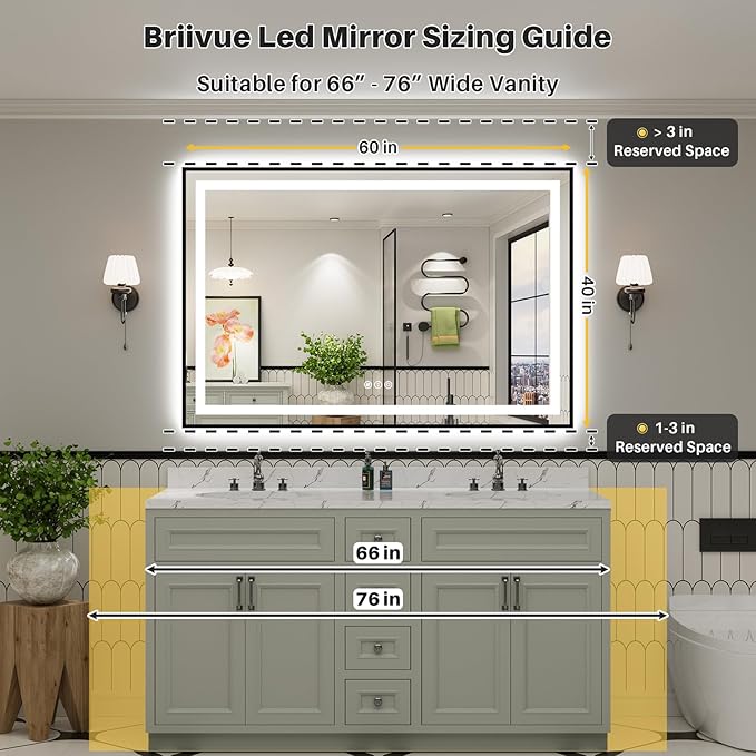 60x40 Inch LED Bathroom Mirror with Black Frame, Backlit & Front Lit, Anti-Fog Lighted Bathroom Vanity Mirror for Wall, Memory Function, Dimmable, HD Tempered Glass, Shatter-Proof