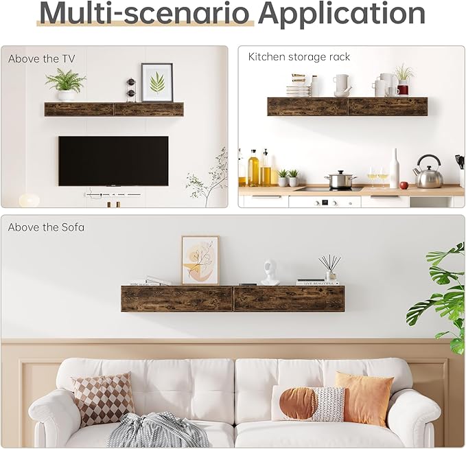 72inch Fireplace Mantel Shelf Rustic Fireplace Shelves,Wall-Mounted Floating Mantle for Fireplace or Living Room Decor,with Hidden Storage,MDF Wood,DIY Assembly Required,Brown (72Lx8Dx7H)