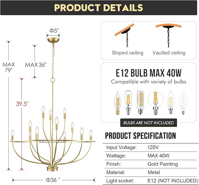 Large Gold Chandelier, 12 Light Foyer Chandelier High Ceiling 36inch Modern Brass Living Room Light Fixture Metal Candle Chandelier for Kitchen Entryway Living Room Bedroom