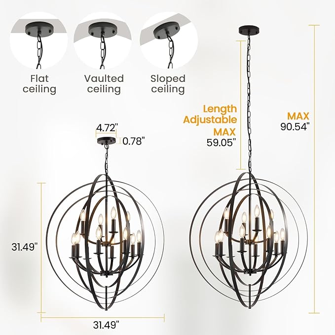 Black Chandelier, 12-Light Farmhouse Chandelier for Entryway, 31.5" Round Pendant Light Fixtures, Industrial Foyer Lighting Fixtures, Large Chandeliers for High Ceilings, for Living Room, Staircase