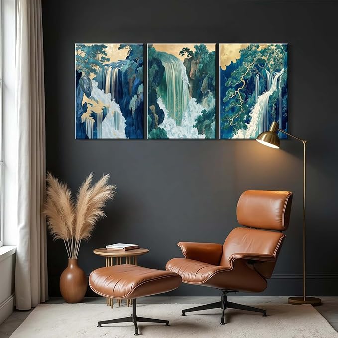 Framed Japanese Waterfall Canvas Wall Art Japanese Style Triptych Painting Nature Scenery Poster Print Oriental Gallery Style Decorative Painting Living Room Bedroom 12×16 Inch Ready to Hang