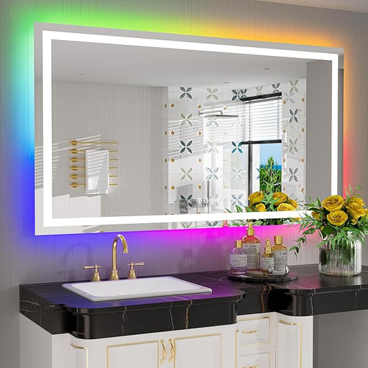 57x36 Inch RGB LED Bathroom Mirror Front Light and RGB Backlit Lighted Vanity Mirror for Bathroom Wall Mounted Dimmable Anti Fog Memory Shatter-Proof IP54 Waterproof Horizontal/Vertical