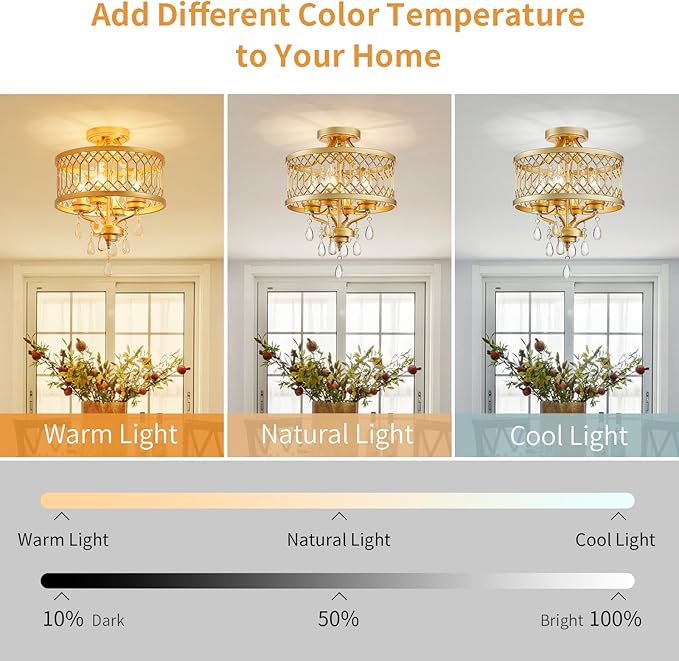 Crystal Ceiling Light Fixture, Farmhouse Semi Flush Mount Ceiling Light, Gold Crystal Chandeliers for Dining Room Light Fixture, Hallway Lighting Fixtures for Kitchen Bedroom Bathroom Foyer Entryway