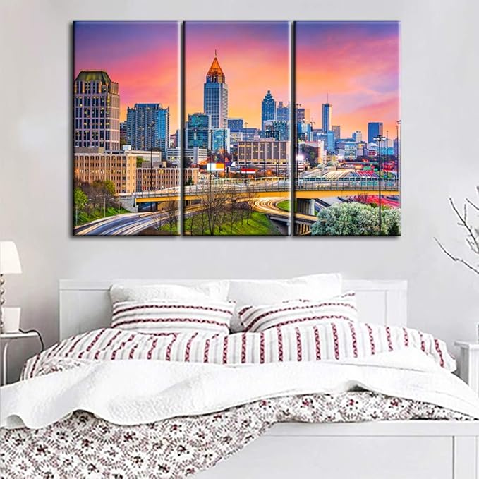 Modern Art Work Urban Office Buildings Pictures for Living Room 3 Piece Canvas Wall Art Atlanta, Georgia Skyline Painting Cityscape Home Decor Artwork Framed Stretched Ready to Hang - 40‘’x20‘’x3