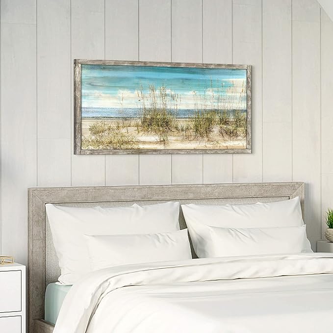 Ocean Framed Wooden Wall Art: Coastal Theme Painting Style Artwork 40"x20" Beach Art Prints Coastal Pictures Seaside Wall Decor for Living Room
