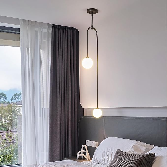 Modern Milk Glass Pendant Light 2 Light Mid Century Chandelier Small Glass Globe Black Pendant Lights for Kitchen Island Bedroom Dining (1 Pack)
