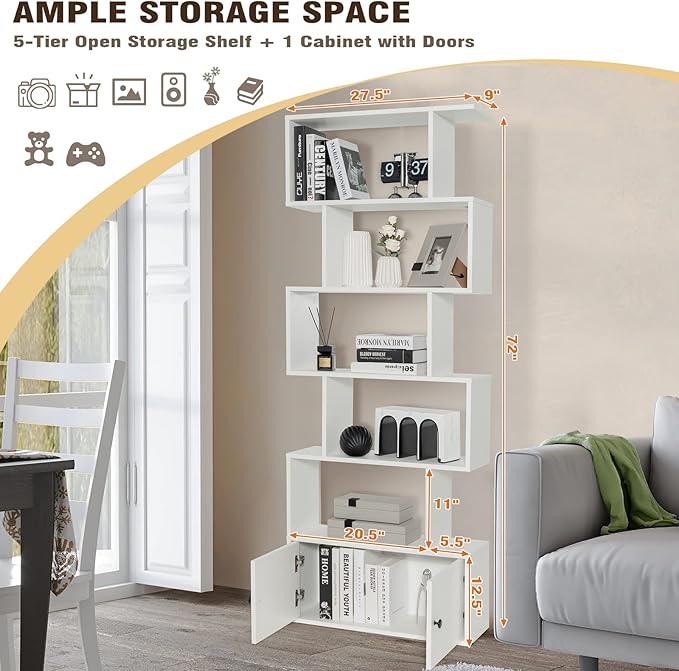 6-Tier Geometric Bookcase, 72” Freestanding Room Divider Bookshelf with Open Display Shelves & Multi-use Storage Cabinet, Wood S-Shaped Storage Organizer for Living Room, Bedroom & Home Office
