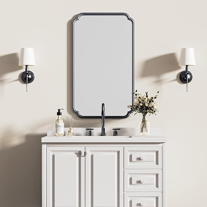 26"x40" Rustproof Bathroom Mirror Black, Round Corner Metal Frame Wall Mirror, Horizontal/Vertical Hanging Over Sink, Bedroom Bathroom Decor