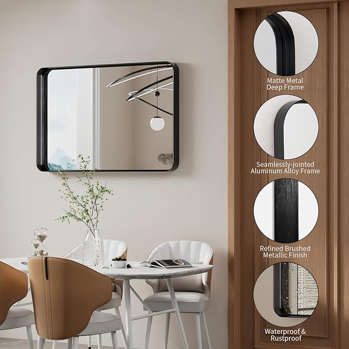 Koonmi Black Wall Mirror for Bathroom, 24x36 Inch Matte Deep Framed Rounded Rectangle Vanity Mirror for Farmhouse Living Room, Tempered Glass, Anti-Rust, Vertically or Horizontally