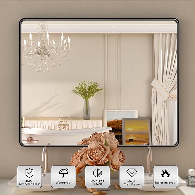 Black Wall Mirror for Bathroom 30x36 Inch,Matte Black Metal Framed Vanity Mirror,Tempered Glass,Anti-Rust,Horizontal or Vertical
