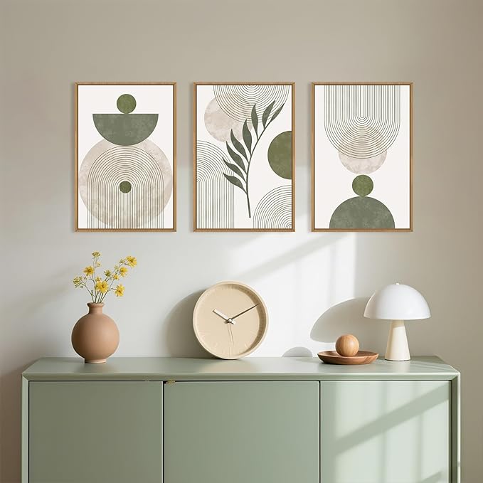 Large Sage Green Boho Botanical Framed Canvas Wall Art Set,Abstract Minimalist Beige and Green Wall Decor,Modern Geometric Leaf Line Boho Artwork for Living Room,Bedroom,Office-16 x24 x3