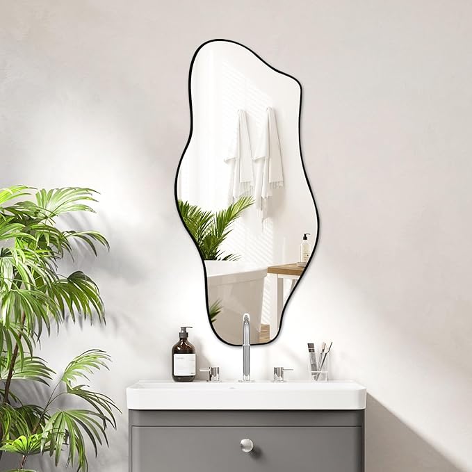 Large Irregular Wall Mirror, 47.2"x21", Black Asymmetrical Modern Oblong Wavy Cloud Mirror for Living Room, Bathroom, Entryway, Dining Room