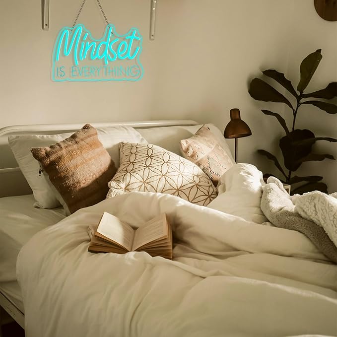 Lucunstar Mindset is Everything Neon Sign Blue Dimmable LED Inspirational Light Up Signs for Wall Decor USB Powered Neon Light for Home Room Office Gym School Classroom