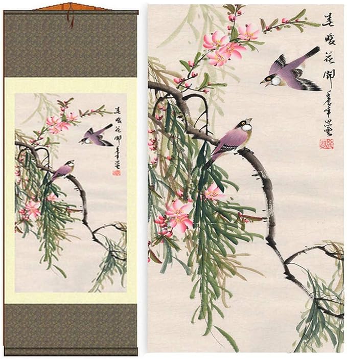 AtfArt Asian Wall Decor Beautiful Silk Scroll Painting Birds - Magpie - Spring Blossoms Oriental Decor Chinese Art Wall Scroll Wall Hanging Painting Scroll (36.2 x 12 in)