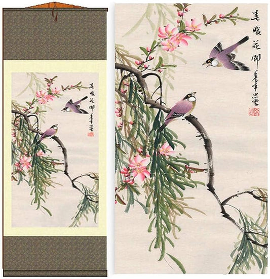 AtfArt Asian Wall Decor Beautiful Silk Scroll Painting Birds - Magpie - Spring Blossoms Oriental Decor Chinese Art Wall Scroll Wall Hanging Painting Scroll (36.2 x 12 in)