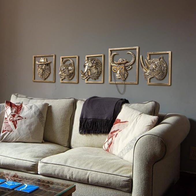 JJALIGHTS Exquisite Resin Animal Head Wall Sculpture (Gift Metal Frame) - Imitation Copper Vintage Decor for Living Room, Bedroom & Office | Decorative Wall Hanging Art