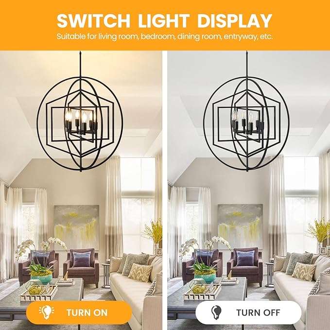 26 Inch Black Chandelier, 6-Light Farmhouse Chandelier for Entryway, Industrial Foyer Lighting Fixtures, Large Chandeliers for High Ceilings, Modern Hanging Pendant Lights for Living Room, Staircase