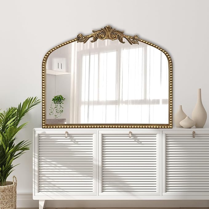 Baroque Arch Mirror for Living Room Wall, 36" X 30" Antique Gold Traditional Cathedral Ornate Beaded Arched Frame Decorative Vanity Mirrors for Mantel Fireplace, Bathroom, Bedroom Decor