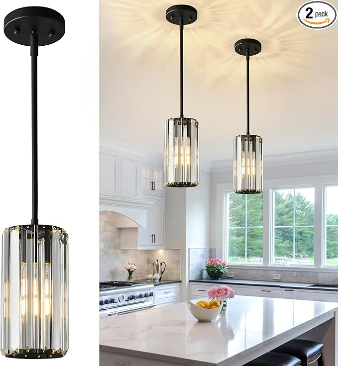 Black Pendant Lighting Modern Pendant Light Mini Crystal Chandeliers,Adjustable Pendant Light Fixture for Kitchen Island Dinning Room Corridor Bedroom(Black 2-Pack)