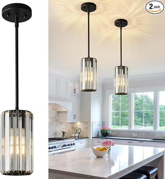 Black Pendant Lighting Modern Pendant Light Mini Crystal Chandeliers,Adjustable Pendant Light Fixture for Kitchen Island Dinning Room Corridor Bedroom(Black 2-Pack)