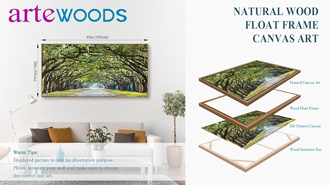 arteWOODS Green Forest Framed Canvas Wall Art Oak Trees Covered Lane Pictures Art Print Green Nature Landscape Artwork Oak Trees Lined Road at Georgia, Natural Wood Frame, Ready to Hang, 20" x 40"