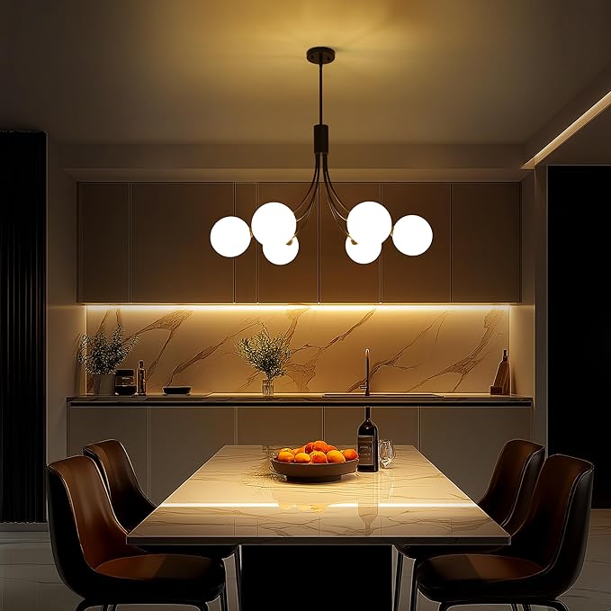 6-Light Modern Farmhouse Black Chandelier, Mid Century Dining Room Light Fixtures Over Table, Hanging Sputnik Chandelier for Kitchen Island Living Room Bedroom Office, Milk White Globe Glass Shade