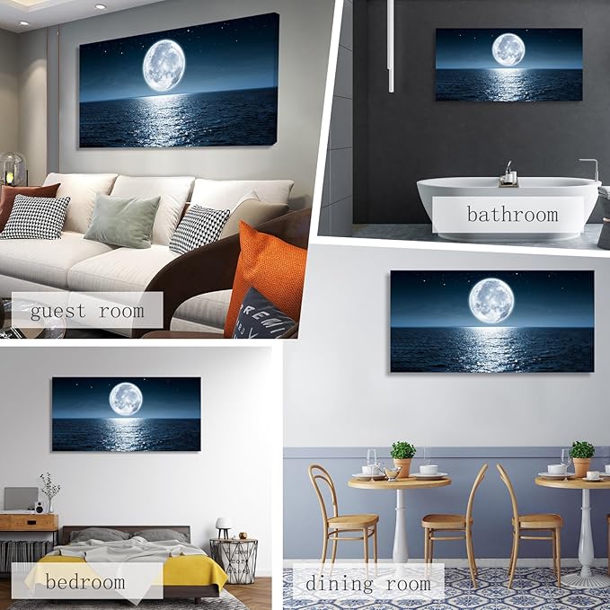 Aibonnly Wall Art Canvas Print Moon Sea Ocean Landscape 1 Panels Full moon Picture Painting Framed and Stretched Ready to Hang for Living Room Bedroom Office Home Decor Artwork 30x60inch