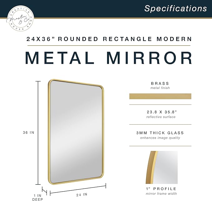 MCS Master & Co. Modern Metal Large Wall Mirror, Minimalist Home Decor Rectangle Mirror with Rounded Corners for Living Room, Bedroom, or Bathroom, 24 by 36 Inch, Brass