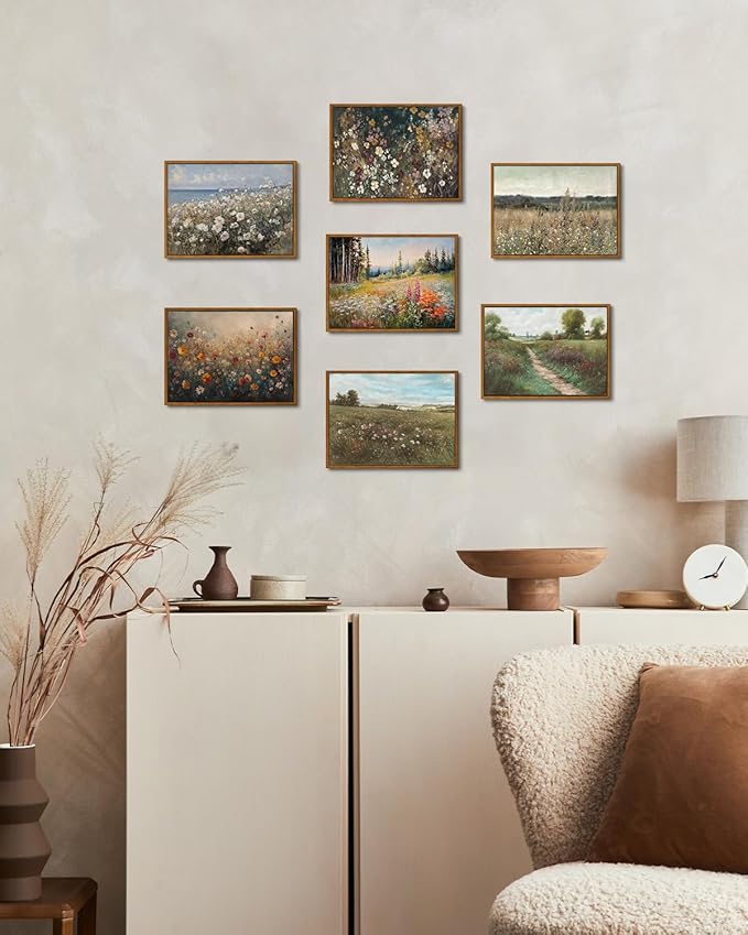 KISSFOX Vintage Landscape Canvas Wall Art Farmhouse Colorful Wildflower Meadow Framed Wall Art Summer Natural Serene Countryside Paintings Artwork Rustic Art Prints For Bedroom Bathroom Living Room