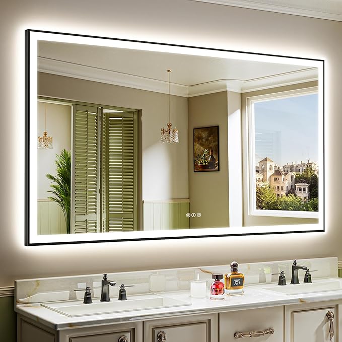 72x40 Inch LED Bathroom Mirror with Lights (Front Lit and Backlit) Black Framed Lighted Vanity Mirror for Bathroom Wall Dimmable Anti-Fog Memory Tempered Glass Horizontal/Vertical