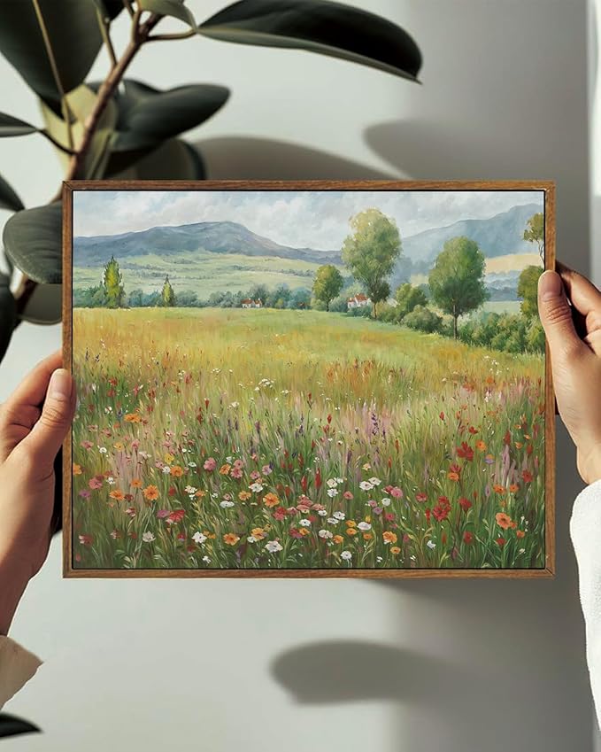 KISSFOX Vintage Landscape Canvas Wall Art Spring Farmhouse Colorful Wildflower Field Framed Wall Art Natural Countryside Cottagecore Paintings Artwork Rustic Art Prints For Bedroom Living Room