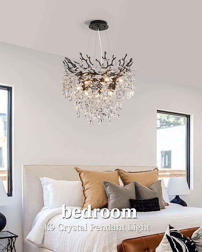 Modern Crystal Chandelier for Dining Room, 23.62" Black Tree Branch Chandeliers, 8-Light Luxury K9 Crystal Round Chandeliers for Kitchen Island Living Room