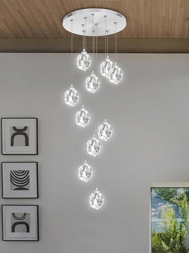 Long Crystal Chandelier Silver 10-Light Spiral Stair Chandeliers for High Ceilings Foyer Entryway Flush Mount Ceiling Lights LED Dimmbale 3000-6000K