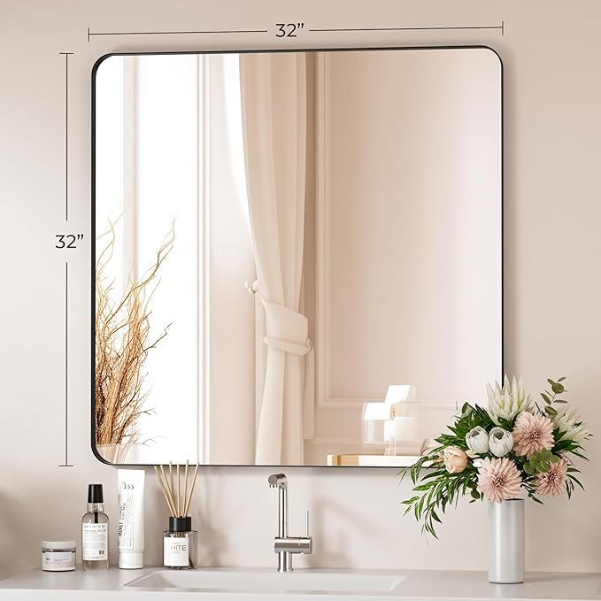 Black Bathroom Mirror 32X32 Inch Bathroom Vanity Mirror for Wall, Metal Frame Large Mirror, Tempered Glass, Modern Wall Mirror for Bathroom, Farmhouse, Horizontally or Vertically Hanging