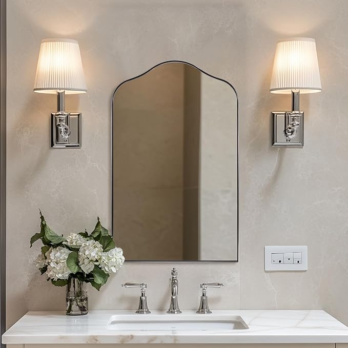 ANDY STAR Scalloped Arched Mirror, 24x38 Polished Chrome Irregular Bathroom Mirror for Vanity, Asymmetrical Curved Top with Anti-Rust Stainless Steel Frame, for Entryway, Bedroom, Mantel, Fireplace