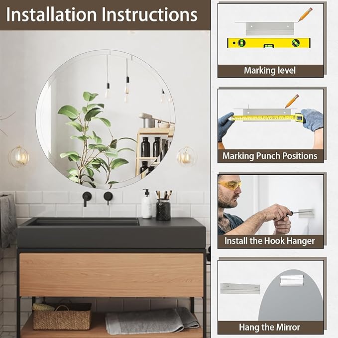 30 inch Beveled Bathroom Mirror, Frameless Round Mirror, 1" Polished Beveled Edge Circle Mirror for Bathroom, Living Room, Bedroom