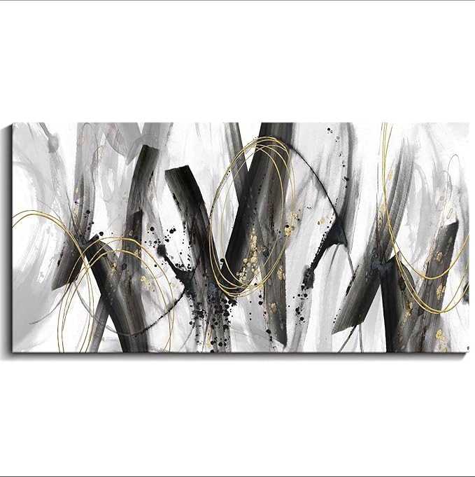 Large Modern Wall Art for Living Room, Bedroom, Office - Black and Gold Wall Pictures Abstract Paintings, Artwork - Black and White Wall Decor, Grey Tone29×58IN