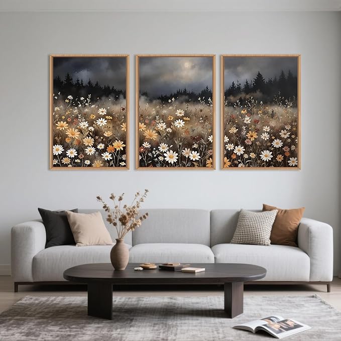 Moody Wildflower Framed Canvas Wall Art Set, Calming Nature Dark Floral Wall Decor, Boho Misty Forest Botanical Meadow Artwork Modern Landscape Print for Living Room,Bedroom-16 x24 x3
