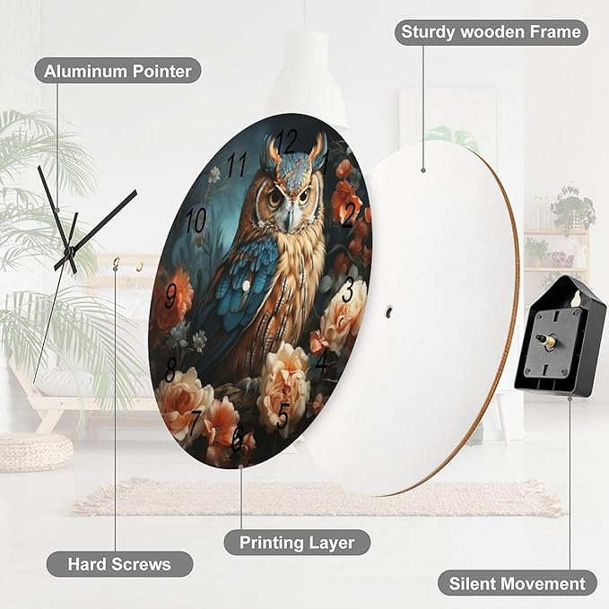 Owl-Themed Round Wall Clock, Rose Retro Art Style for Those Who Stay Up Late, Watercolor Cartoon Owl Handsome, Wooden Silent Wall Clock for The Bedroom 12x12INCH