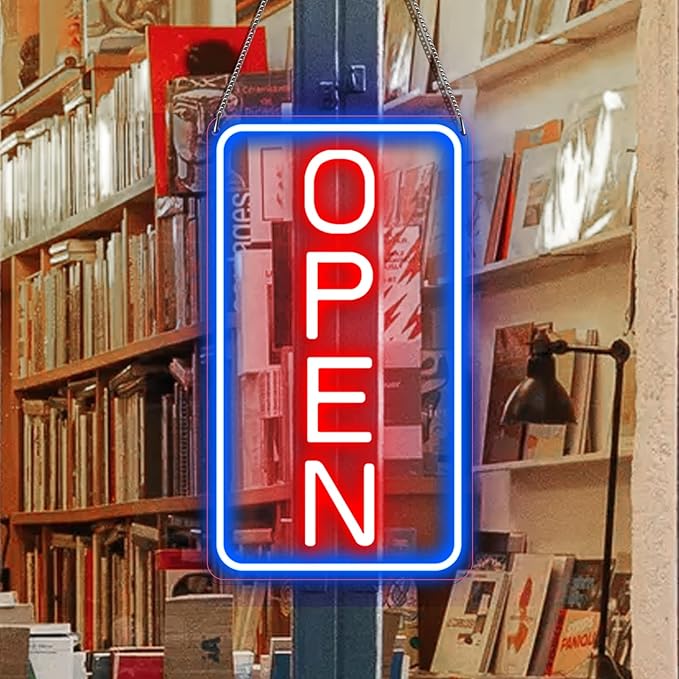 16"x 9" Ultra Bright 12V Neon Open Sign for Business, LED Open Neon Sign, Electric Light up Signs for Stores, Restaurants Shops Window (Blue-Red-Vertical)