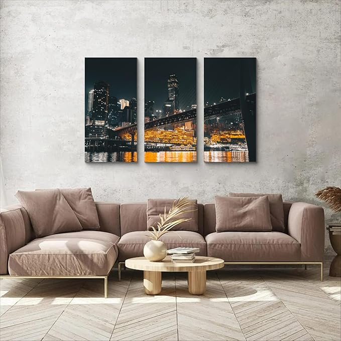 NAN Wind 3PCS Chongqing City Nightscape Canvas Wall Art Illuminated Chinese Skyline with Bridge Skyscrapers Modern Urban Landscape Photography Print for Living Room Office Bedroom Decor