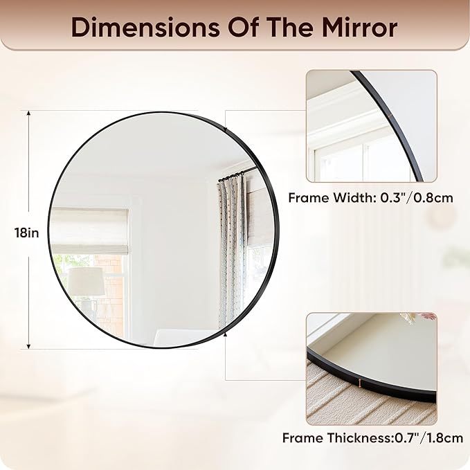 Antok Wall Mirror, 18"x18" Bathroom Vanity Mirror, Anti-Rust HD Tempered Glass, Wall Mounted Mirrors for Living Room, Entryway, Black Frame, Round