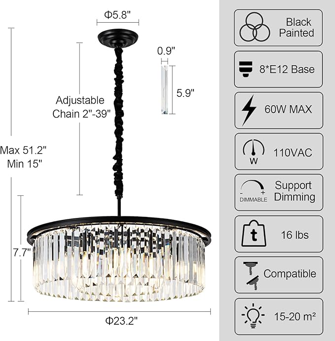 23" 8-Light Modern Crystal Chandelier Light Fixtures 2 Rings Black Luxury Chandeliers for Dining Room Round Hanging Pendant Lighting for Living Room Kitchen Entryway Bedroom