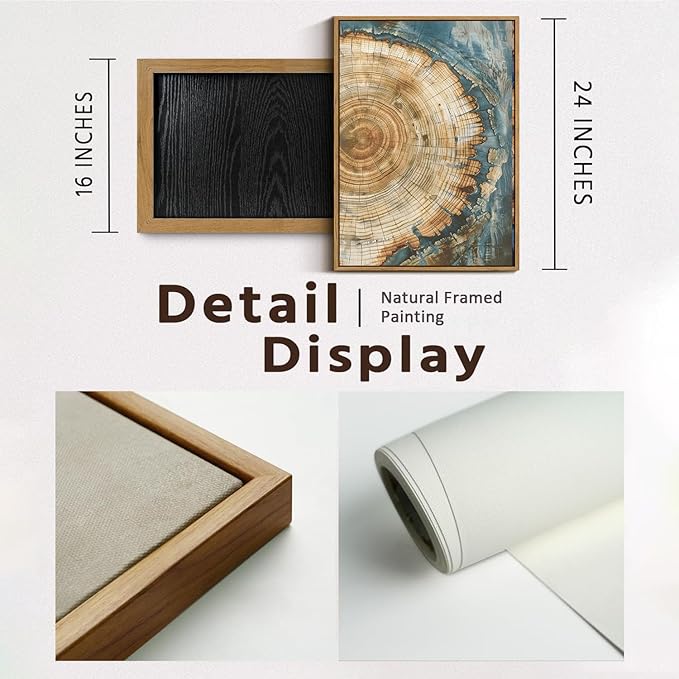 BingruiArt Framed Tree Ring Canvas Wall Art Abstract Wood Wall Decor Boho Modern Colorful Nature Painting Wood Stump Prints Pictures for Living Room Bedroom Bathroom Office 16"x24" Natural Framed(08)