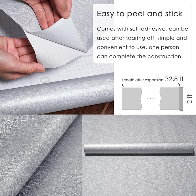 mamonhome High-Grade Metallic Silk Texture PVC Peel and Stick Wallpaper, 24in X 393in Self-Adhesive Wall Paper Thick Vinyl Embossed Film Wallpapers (Grey)