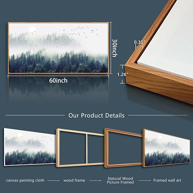MHARTK66 Large Size Wall Art For Living Room Wood Framed Canvas Wall Decor For Bedroom Foggy Forest Trees Landscape Painting Wall Decorations Modern Home Decor Canvas Pictures Artwork 30" X 60"